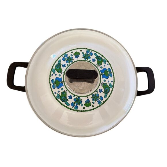 Vintage 70s Fancipans Blue And Green Bird Paisley Stock Pot With Lid Enamel Wear - Picture 5 of 8